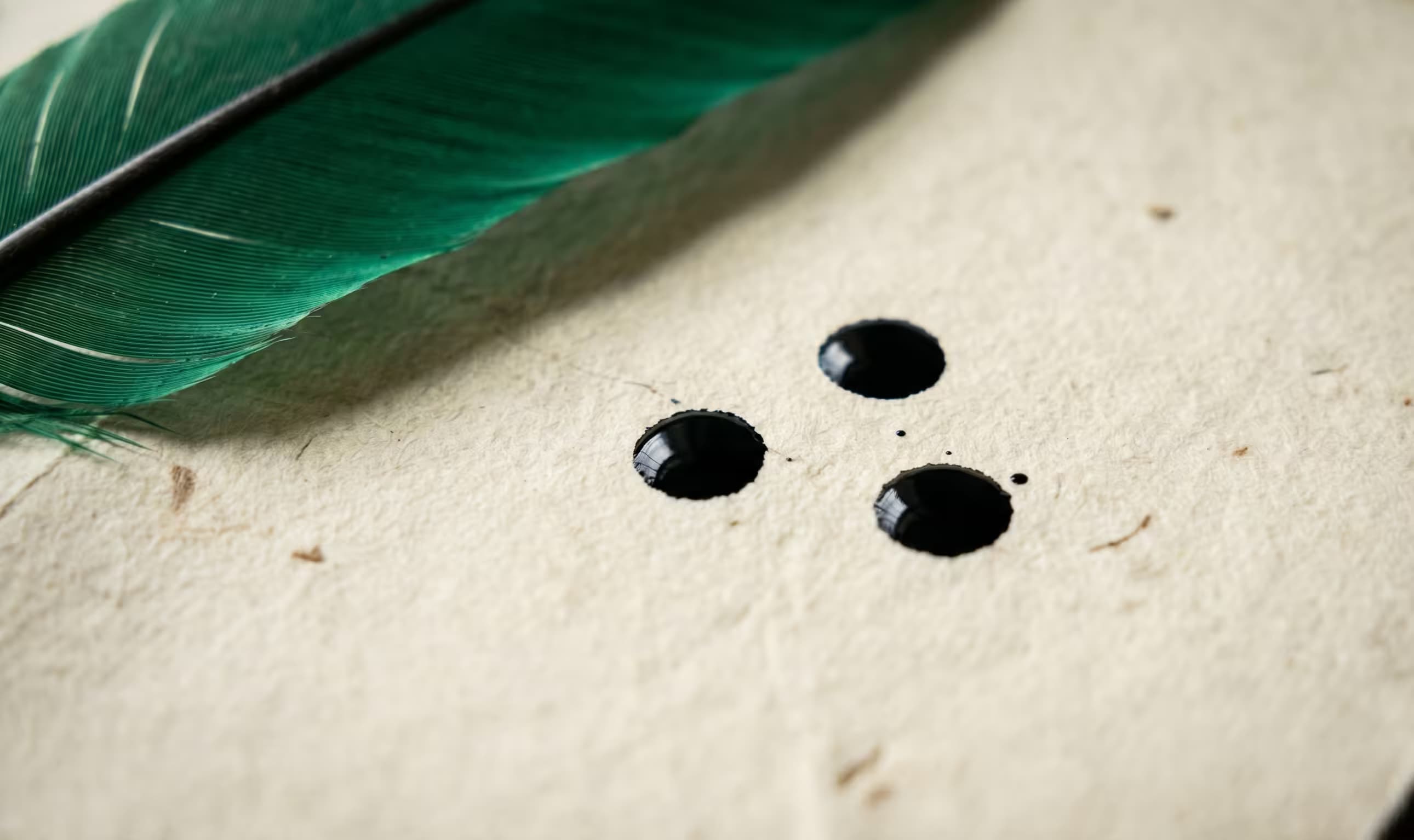 Une plume verte et trois gouttes d'encre sur un parchemin