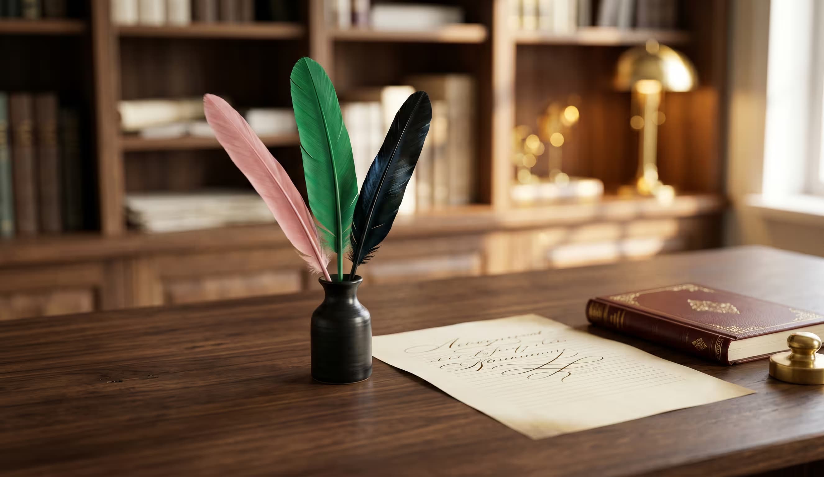Trois plumes posées sur un bureau de scribe
